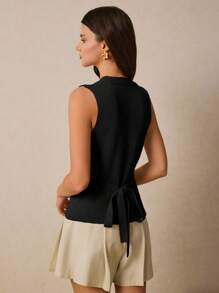 Poéselle Women's Solid Color V-Neck Shell Button Front Sleeveless Thin Cardigan - Black - View 2