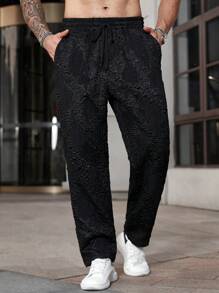 Manfinity CasualCool Pantalones casuales rectos y holgados para uso diario para hombres de talla grande, apropiados para salidas y vacaciones, con estampado de flores vintage rosa clásico en tejido jacquard texturizado, con cintura elástica y diseño de cierre, moda y práctico, regalo ideal para novio o esposo