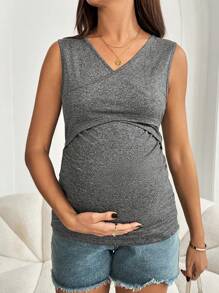 SHEIN Maternity & Nursing V-Neck Ruched Sleeveless Top, Summer Summer Outfits For Women - Grey - View 3