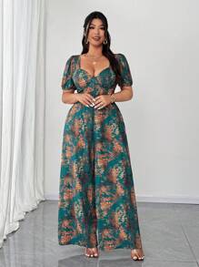 Elenzga Bộ đồ liền thân ống rộng họa tiết hoa xinh xắn dành cho nữ cỡ lớn, tay bồng, đi nghỉ mát - Màu xanh lá cây đậm - Xem 1