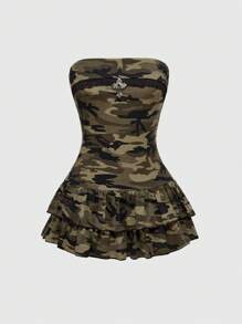 ROMWE J-Fashion Y2K Sexy Mini Camo Peplum Halter Short Dress For Women
