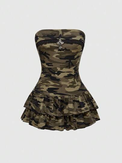 J-Fashion Y2K Sexy Mini Camo Peplum Halter Short Dress For Women