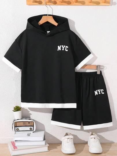 Zikori Little Byeori 2 piezas Conjunto de camiseta con capucha de manga corta y pantalones cortos holgados y cómodos para niños/preadolescentes, versátil para la escuela, el transporte, el uso diario, los deportes, adecuado para primavera, verano, otoño e invierno