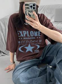 DAZY Women's Letter Print Contrast Color Loose Round Neck Short Sleeve T-Shirt, Spring, Summer Graphic Tee Oversized T-Shirt, Teacher - Brown - View 4