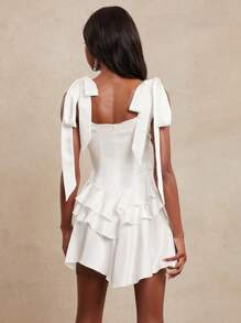 NYA SZN 连衣裙迷你蝴蝶结吊带夏季优雅俱乐部荷叶边毕业外出新娘婚礼宾客特殊场合服装女士 - 白色 - 查看 6