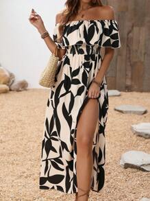 SHEIN PETITE 法式浪漫露肩黑白叶印花女士紧身飘逸连衣裙 - 彩色 - 查看 1