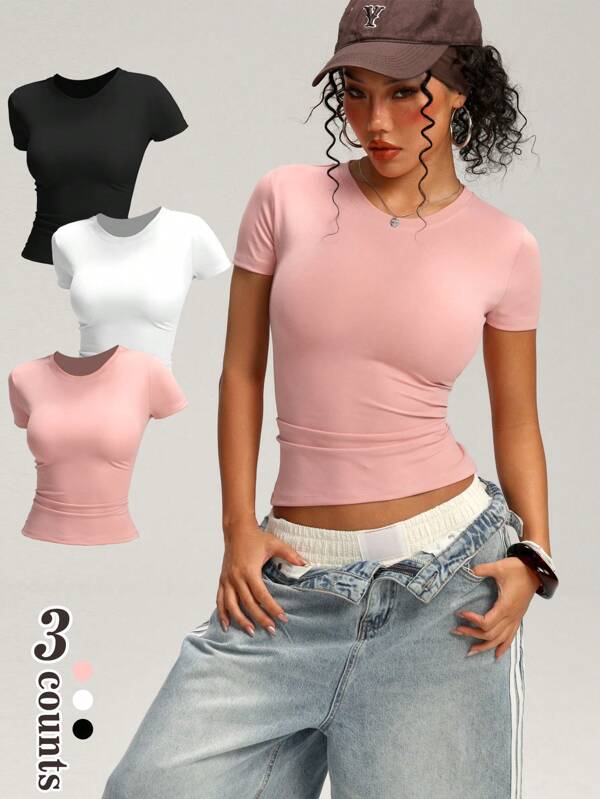 SHEIN Sport Studio 3 Stücke/Set Damen Sport Lässig Kurzarm T-Shirts in Schwarz, Weiß, Pink, für Sport, Yoga, Lässig