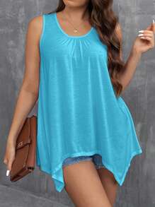 SHEIN LUNE Áo ba lỗ cổ tròn nhún bèo cho nữ cỡ lớn thường ngày viền bất đối xứng - Màu xanh bạc hà - Xem 6