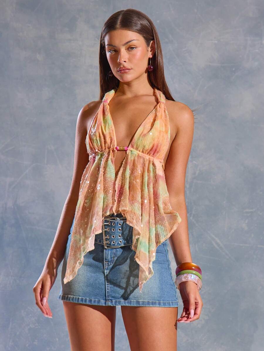 MUSERA 露背系带亮片不对称下摆上衣，伊比沙岛Y2K酷女孩音乐节锐舞度假俱乐部可爱假日外出上衣性感秋冬春夏 - 彩色 - 查看 1