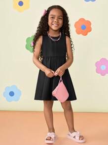 Vestido ajustado de cuello redondo sin mangas de unicolor para niña joven - Negro - Ver 3
