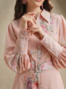 Anewsta 女式花卉印花灯笼袖领口收腰连衣裙，女士春季服装 - 藕粉色 - 查看 5