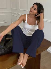 女士休闲/商务休闲裤，新款夏季亚麻 - 藏蓝色 - 查看 2