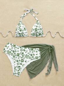 Swim Mod 大码女式三件套随机印花细肩带比基尼泳装