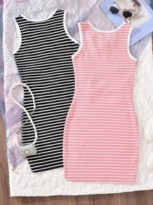 2pcs/Set Striped Dresses For Teen Girls, Includes Striped Dress And Pink Striped Dress