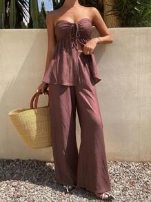 DAZY 女士无袖抹胸上衣长裤两件套，韩版假日风 - 紅色 - 查看 5