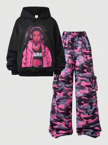 SHEIN Explorewe Tween Girls Cute & Cool Girl Portrait Printed Hoodie With Pink Camouflage Pants, Street Fashion