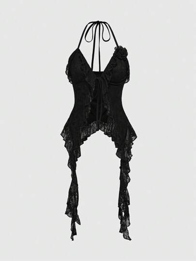 Goth Romantic Vacation Asymmetrical Lace Hem Camisole