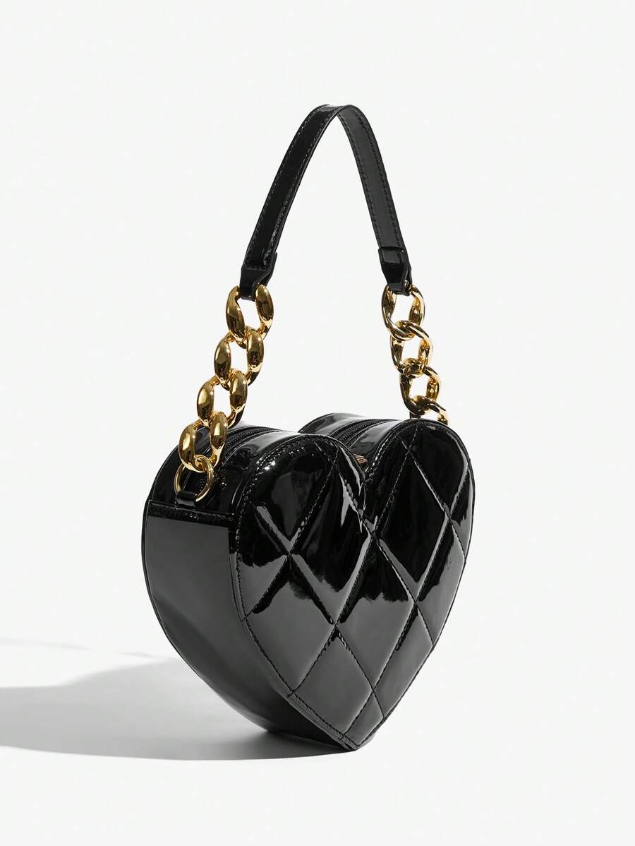 SHEIN SXY 女士时尚优雅经典百搭红色心形金属链条装饰手提包、心形包、情人节