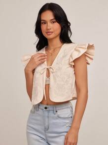 WESTFADE Cotton Twill Spring Country Western Floral Embroidered V Neck Cute Bow Tie Front Ruffle Short Sleeve Boxy Fit Crop Vest - Khaki - View 4
