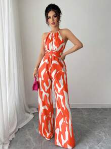 SHEIN Elenzya 女士印花面料束腰连体裤，优雅的假日和日常穿着 - 橘色 - 查看 4