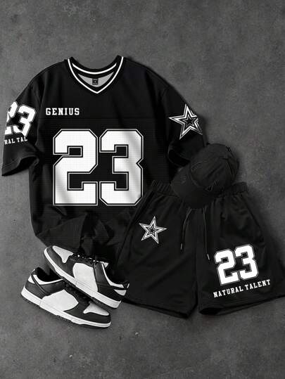 PAVTROS 年轻街头风格数字星星图案男士T恤套装运动衫套装男士两件套运动衫男士两件套服装，超大码，夏季