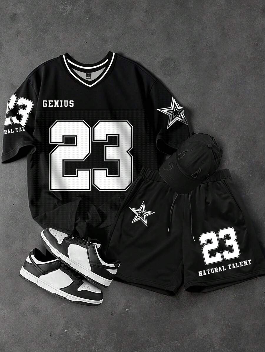 PAVTROS 年轻街头风格数字星星图案男士T恤套装运动衫套装男士两件套运动衫男士两件套服装，超大码，夏季 - 黑色 - 查看 1