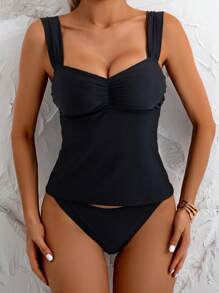 Swim Lushoire Women's Summer Beach Solid Color Pleated Camisole Tankini Swimsuits Set - Black - View 6