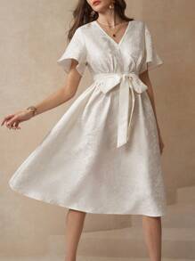 SHEIN Clasi 女式 V 领短袖系带蝴蝶结 A 字刺绣白色优雅日常休闲社交中长连衣裙，春夏 - 白色 - 查看 4