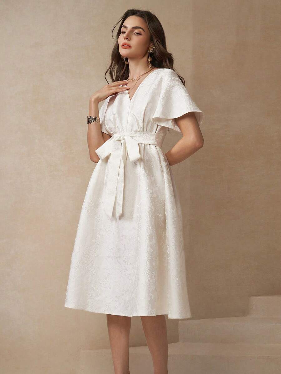 SHEIN Clasi 女式 V 领短袖系带蝴蝶结 A 字刺绣白色优雅日常休闲社交中长连衣裙，春夏 - 白色 - 查看 1