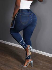 Slaydiva Women's Distressed Detail Skinny Fashion Jeans - Dark Wash - View 3