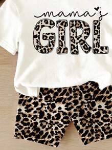 2pcs Baby Girls Leopard Digital Print Casual Round Neck Short Sleeve Top And Bike Shorts Set