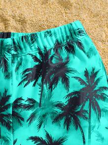 SHEIN Leap Crew 2pcs/Set Tween Boy Casual Vacation Palm Tree Graphic Swimwear Top & Bottoms, Cost-Effective Beach, Swimming, Surfing - Green - View 7