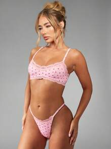 MISSGUIDED 心形蕾丝边文胸和高腰丁字裤套装情人节节日礼物新娘内衣新婚之夜蜜月礼物四季日常内衣套装 - 粉色 - 查看 6