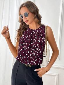 SHEIN Clasi Camisa elegante de mujer de verano con cuello de volantes, estampado abstracto y aleatorio, sin mangas, para uso diario y casual, adecuada para diversas ocasiones, incluyendo el trabajo