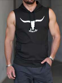 Manfinity LEGND Men's Letter & Bull Head Print Drawstring Hoodie Top - Black - View 1