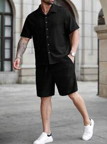 Manfinity Homme Plus-size heren effen kleur korte mouwen enkelrijs overhemd en shorts casual pak