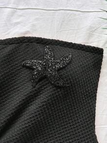 Soleia Bright Orange Tropical Beach Resort Women's Strapless Ruched Flounce Hem Starfish Decor Mini Beach Dress Black Summer Dress Black Vacation Dress Black Beach Dress Black Swimsuit Cover Up Black Beach Cover Up