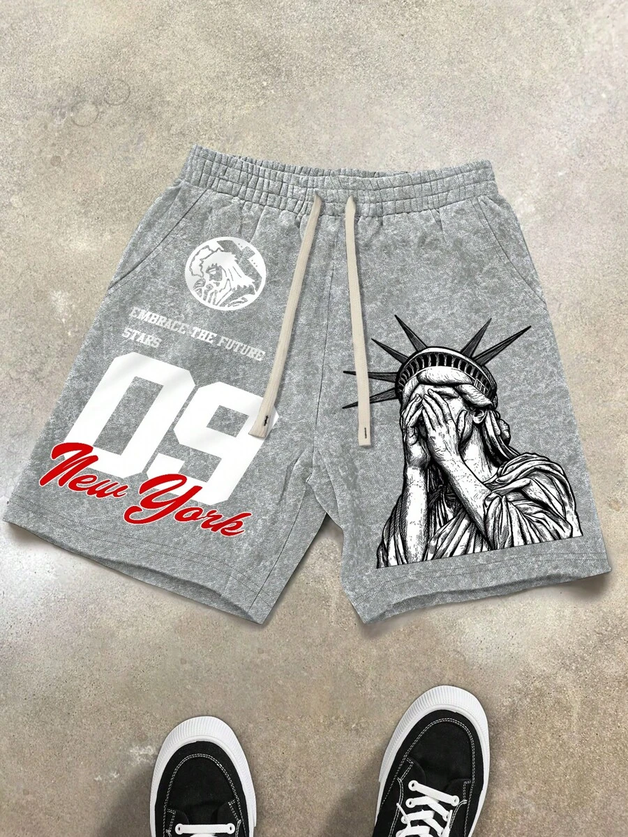 PAVTROS Men's Letter Print Drawstring Waist Loose Casual Shorts