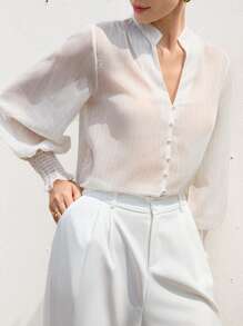 Aveloria Modichic 女士轻薄透明雪纺褶皱灯笼袖衬衫，夏季透明面料