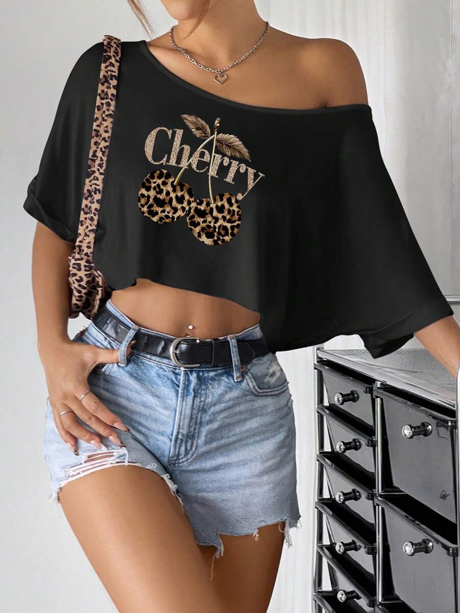SHEIN EZwear Leoparden- und Kirschblüten-Muster Lose Oversized T-Shirt mit einem Träger für Damen, Musik-Festival Lässig Top, Sommer - Schwarz - Übersicht 1
