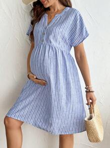 SHEIN 孕妇夏季条纹缺口领口纽扣设计休闲中长连衣裙孕妇装