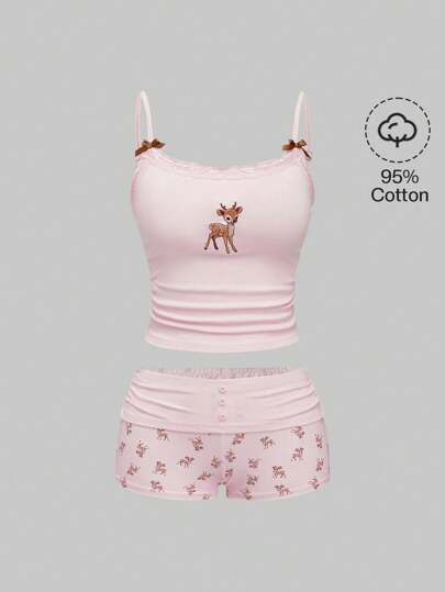 J-Fashion Blouse en dentelle brodée avec motif de cerf assorti à des shorts imprimés cerf