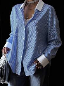 INAWLY Women's Fashion Loose Street Style New Long Sleeve Bubble Shirt - Baby Blue - View 3