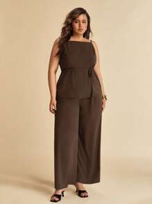 SHEIN X Scheana SHEIN BAE Plus Size Women Summer Brown Elegant 2 Pieces Set, Wrap Blazer Top & Wide Leg Pants, Office Wear, Concert, Party, Formal Suit, 4th Of July Outfits - Brown - View 4