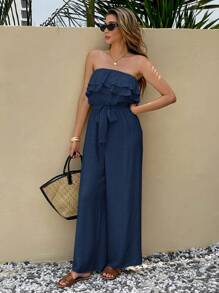 Serisse 女式纯色腰带荷叶边多层无袖连体裤 - 藏蓝色 - 查看 7