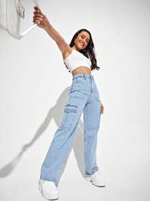 SHEIN EZwear 大码女式休闲直筒牛仔裤，带工装口袋，浅蓝色牛仔长裤