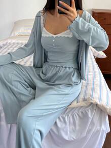 DAZY Conjunto de pijama de 3 piezas con bata, top camiseta y pantalones con encaje y contraste de colores dulces para mujer, ropa de otoño e invierno