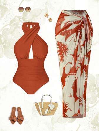 Swim Oasis Plus Size Women 2pcs Set Halter Backless Swimsuit With Random Print Beach Cover Up And Half Skirt, Vacation Casual Swimwear Set , Summer Clothes Women Outfit