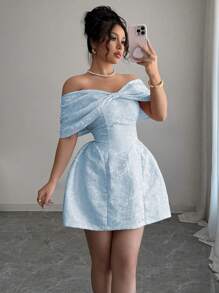 Rafferiza 女式可爱蝴蝶结露肩连衣裙，女式高腰修身提花面料连衣裙，粉色 - 藍色 - 查看 5