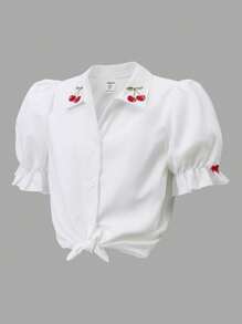 SHEIN Explorewe Camicia con colletto arricciato ricamato, maniche a sbuffo e fiocco decorativo sul davanti per ragazze pre-adolescenti - Bianco - Visualizzare 5